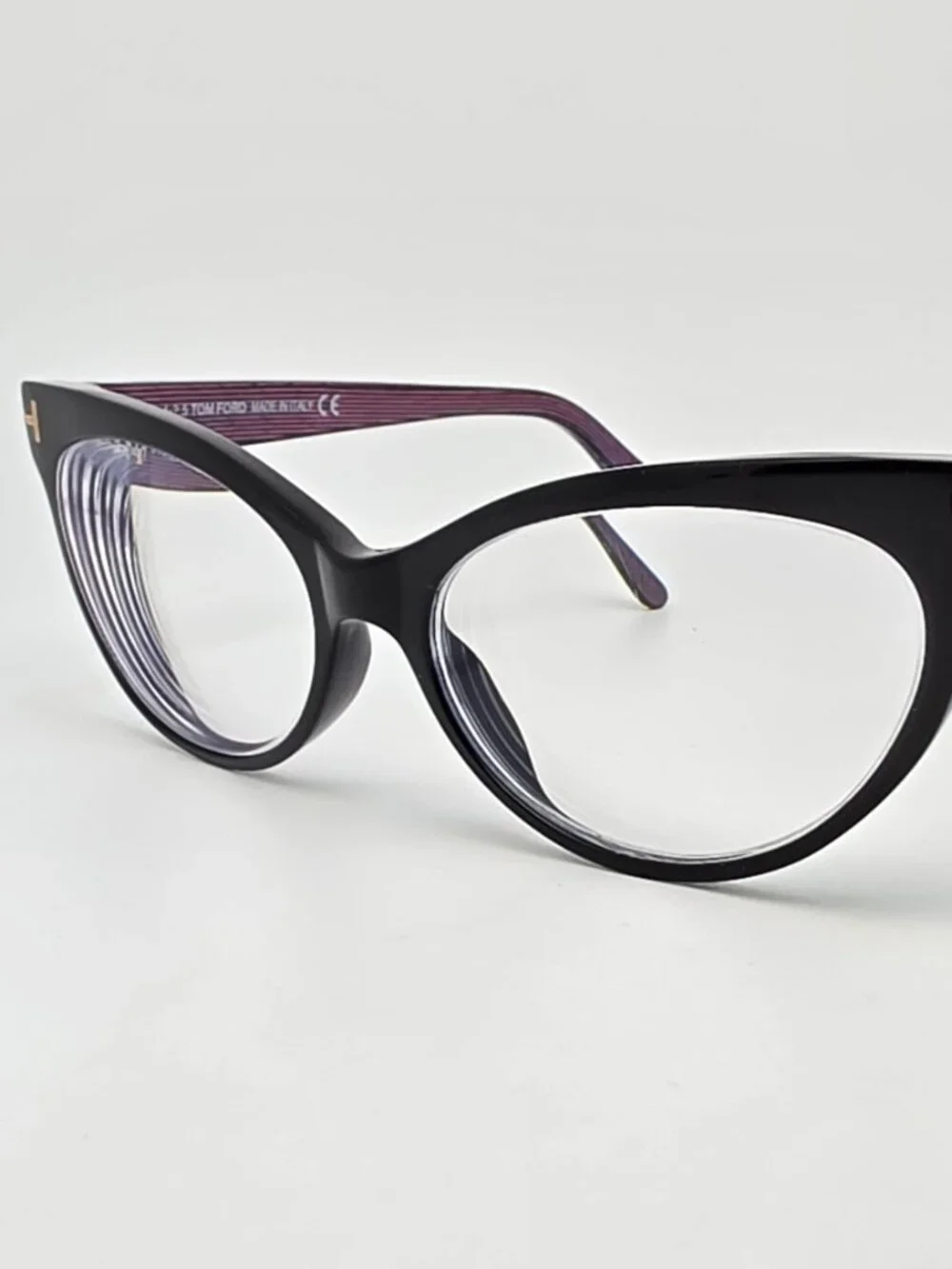 Tom Ford TF5317 005 Black Iridescent Chalkstripe Cat Eye Eyeglasses Frame w Case